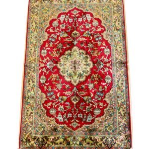 “The Crimson Medallion” – Kashan Red Silk-on-Cotton Rug (2.5ft x 4ft)