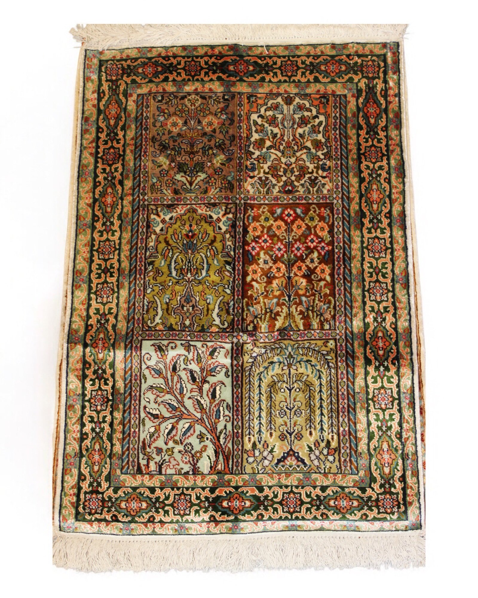 “Garden of Six Echoes – Kashmiri Silk Panel Rug”