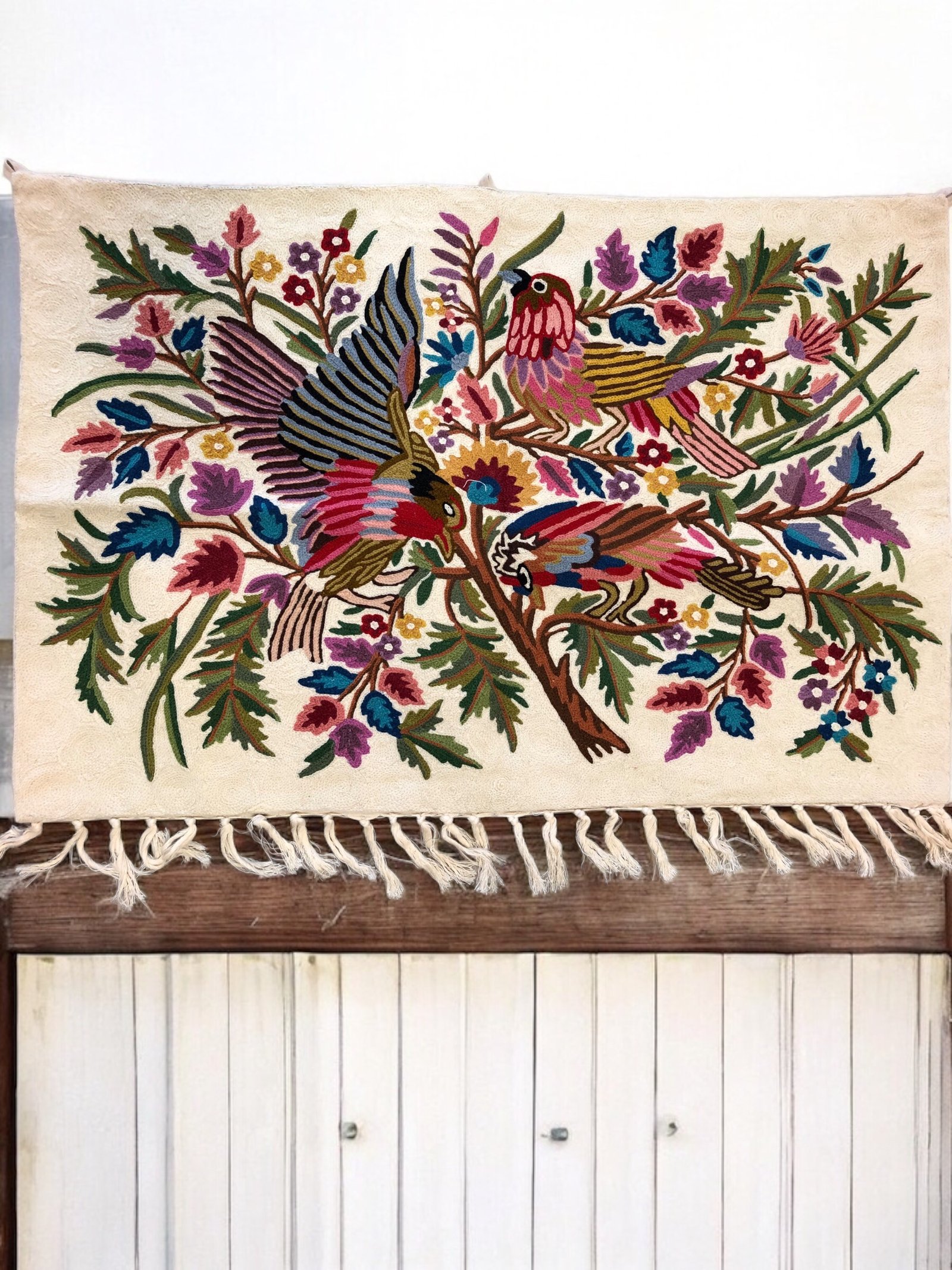 “Whispers in the Canopy” – Hand Embroidered Chain Stitch Wall Hanging / Rug