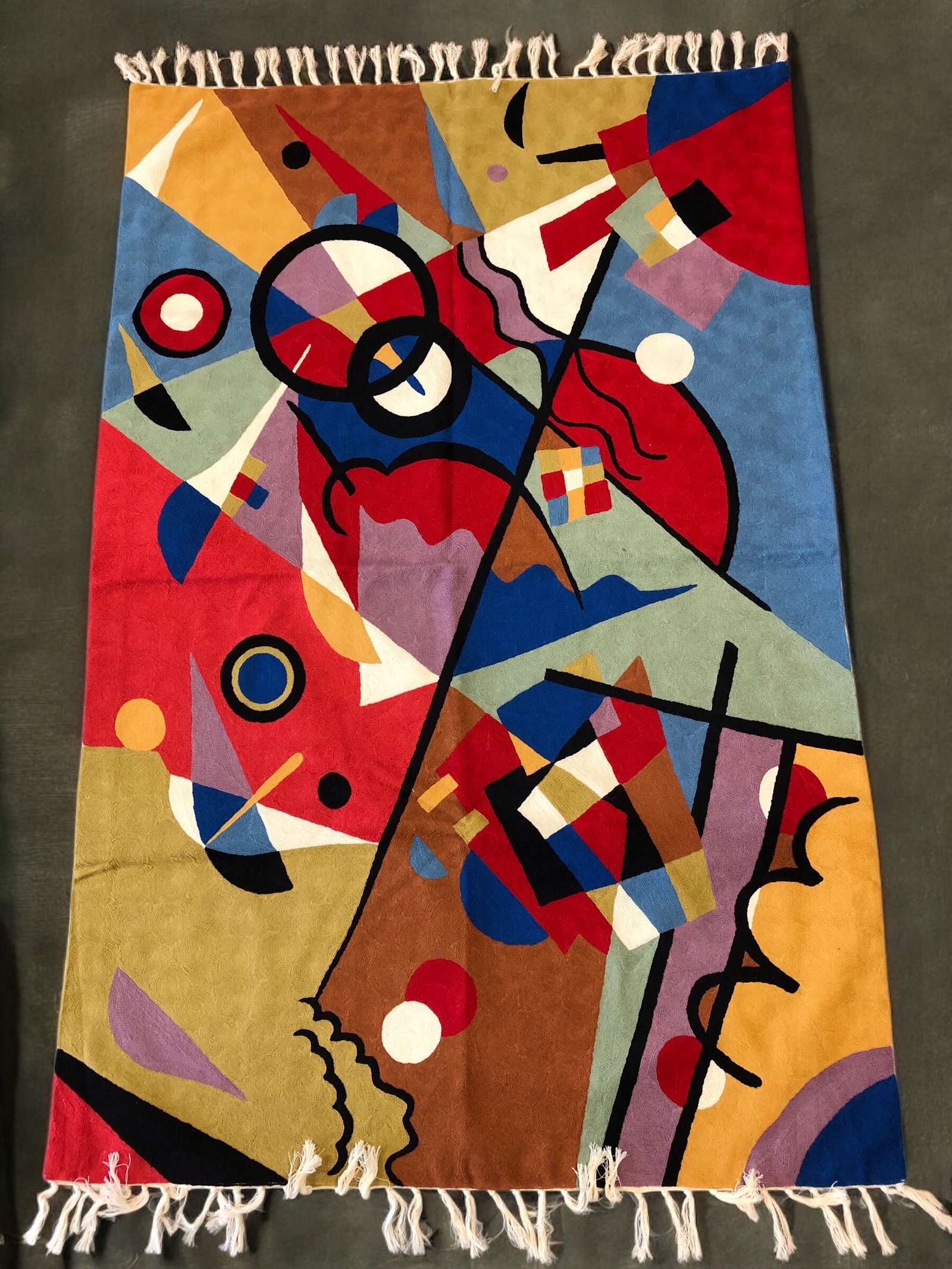 “Fragmented Harmony: Chain Stitch Wall Hanging / Rug – 6ft x 4ft. Inspired by Kandinsky’s Composition VIII”