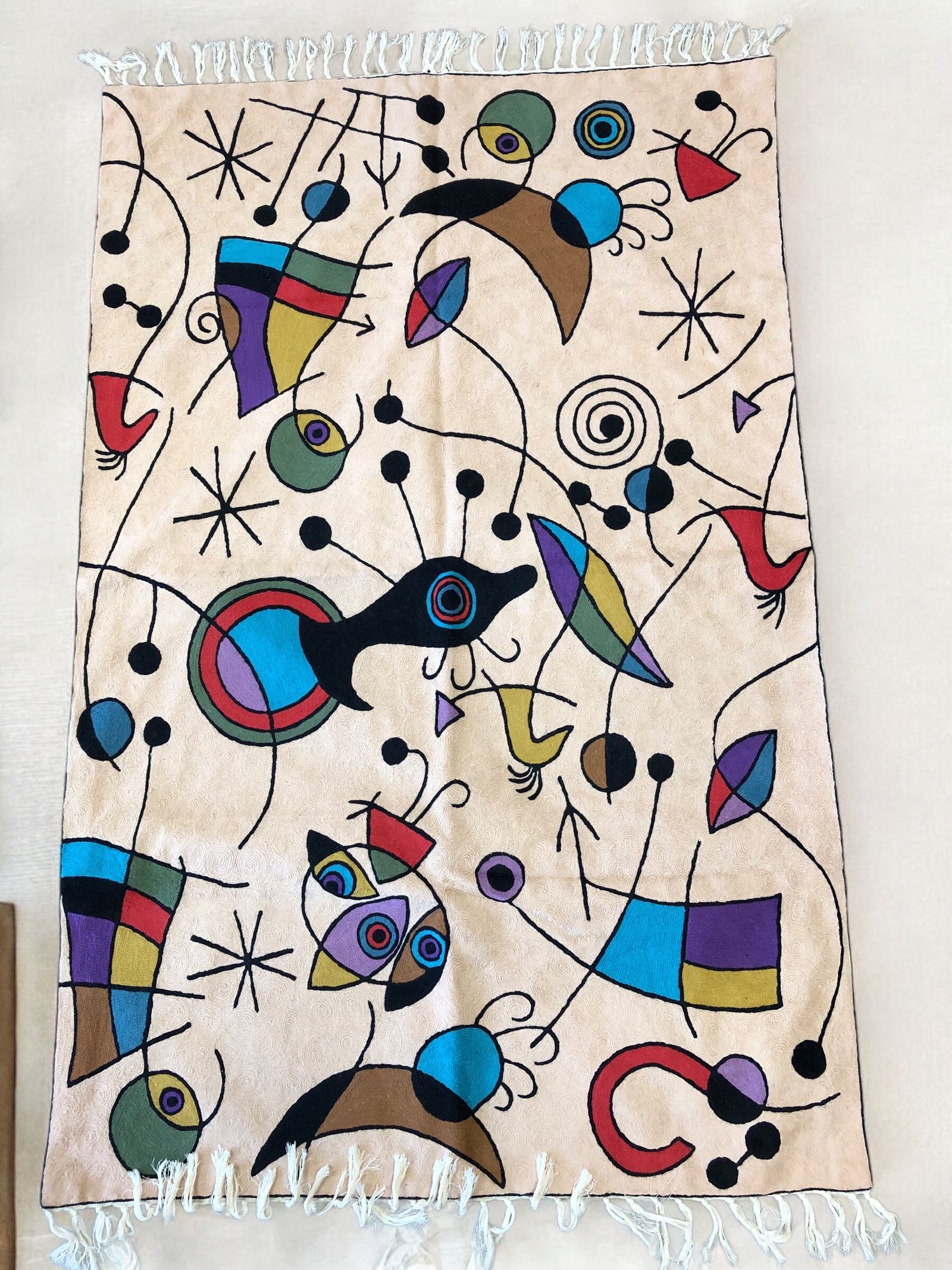 “Whispers in Orbit – Inspired by Miró’s Composition (1933)” Hand Embroidered Chain Stitch Wall Hanging / Rug – 2.5 x 4ft