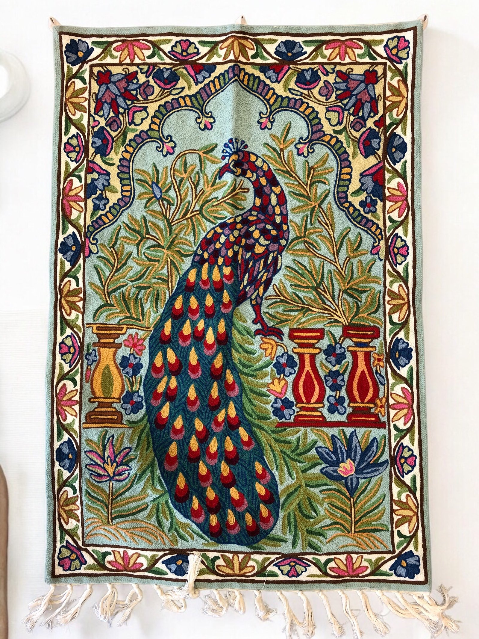 Hand Embroidered Chain Stitch Wall Hanging / Rug – Peacock Elegance (2.5ft x 4ft)