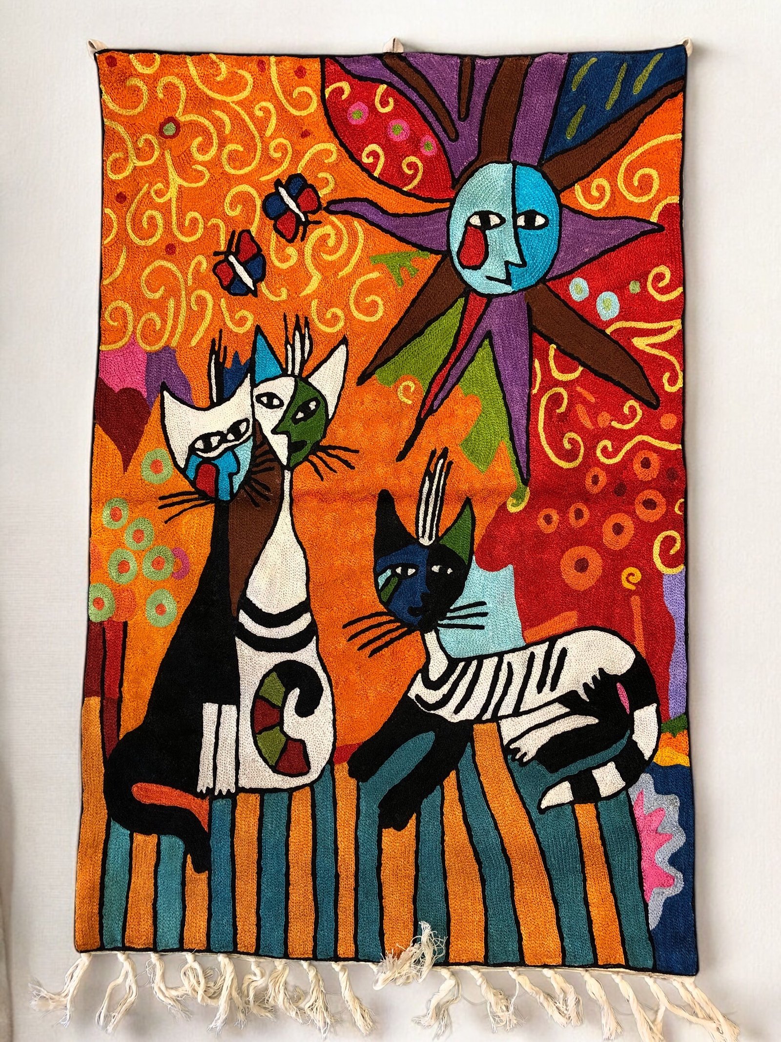 Whimsical Cats Chain Stitch Wall Hanging / Rug – 3ft x 2ft