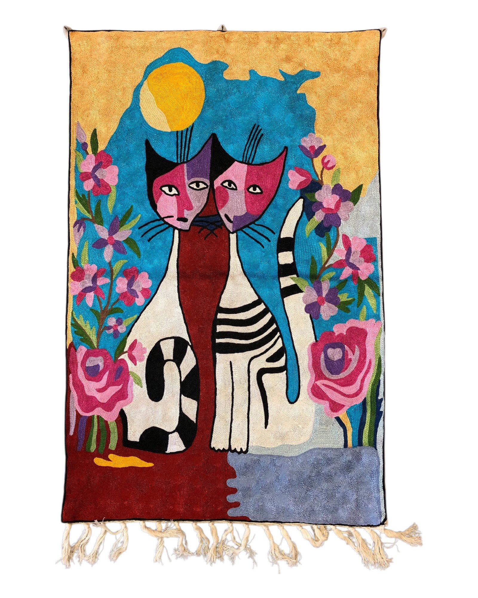 “Sunlit Companions” – Hand Embroidered Chain Stitch Wall Hanging / Rug