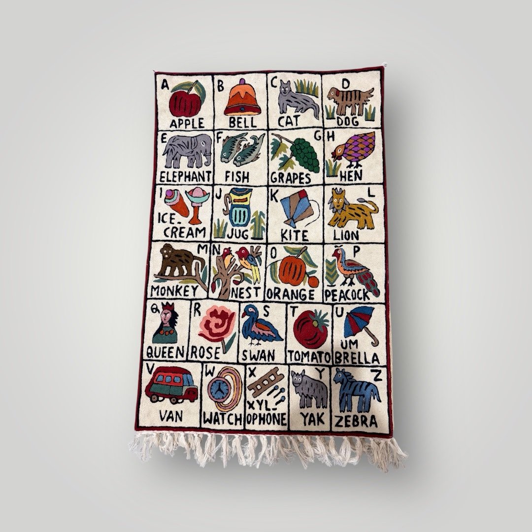 “Alphabet Orchard” – Hand Embroidered Chain Stitch Wall Hanging / Rug