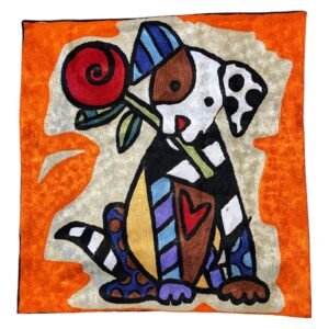 “Love in Color” – Romero Britto-Inspired Dog Cushion Cover, Handmade in Kashmir