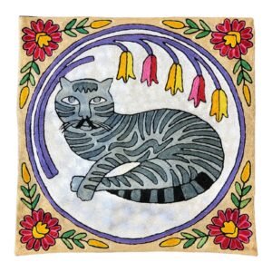 “Garden Nap” – Handmade Kashmiri Cat Cushion Cover with Floral Frame