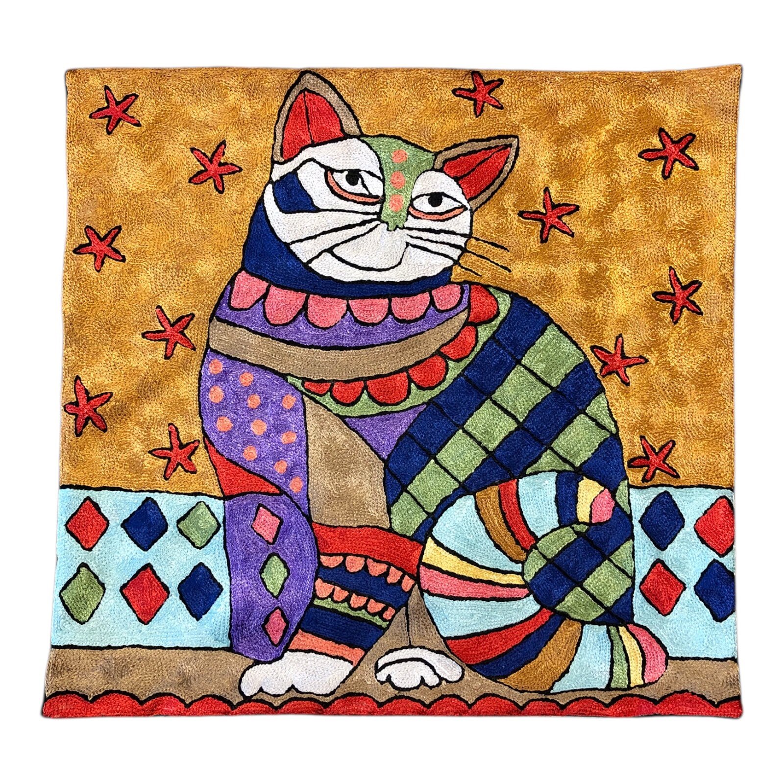 “Patchwork Purr” – Romero Britto-Inspired Handmade Cushion Cover