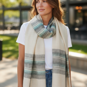 Hand‑Spun & Hand‑Woven Pashmina Stole – Soft Beige with Subtle Green & Blue Stripes