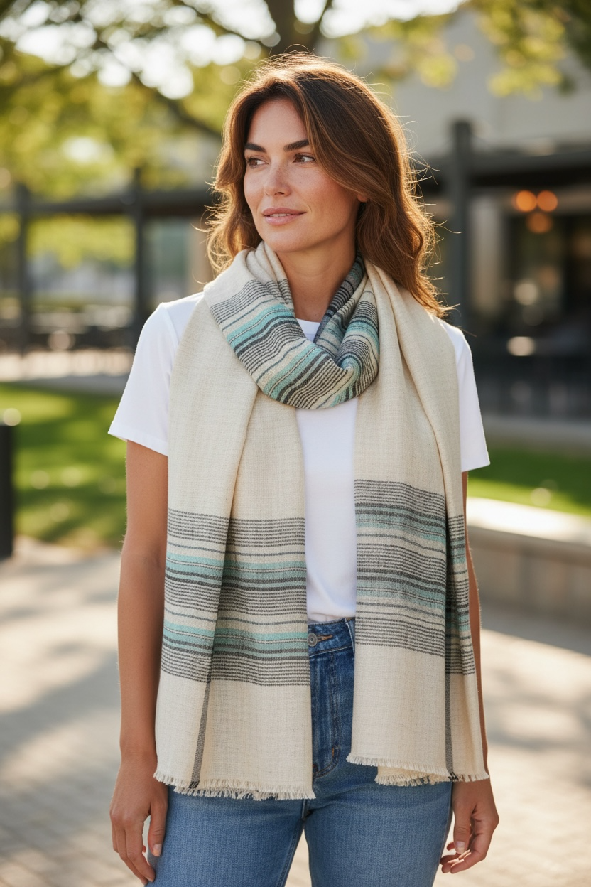 Hand‑Spun & Hand‑Woven Pashmina Stole – Soft Beige with Subtle Green & Blue Stripes