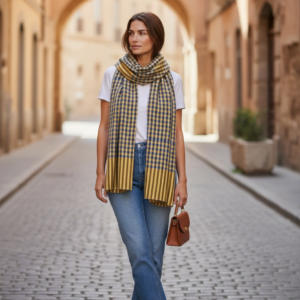 Hand‑Spun & Hand‑Woven Pashmina Scarf – Golden Yellow & Black Heritage Check