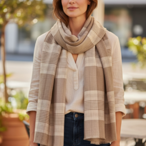 Hand‑Spun & Hand‑Woven Pashmina Scarf – Classic Beige & Taupe Plaid