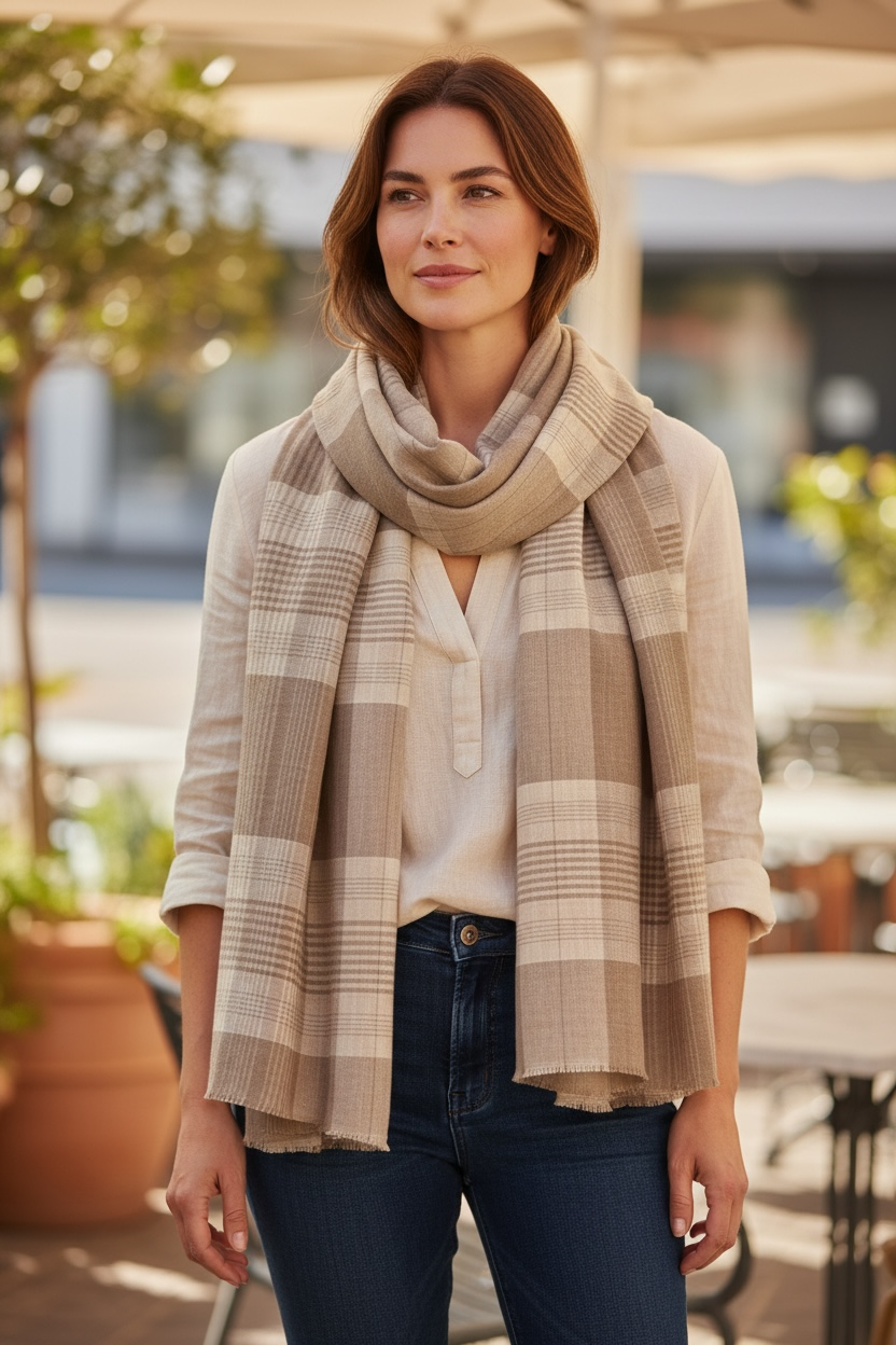 Hand‑Spun & Hand‑Woven Pashmina Scarf – Classic Beige & Taupe Plaid