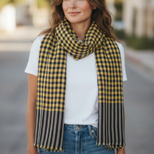 Hand‑Spun & Hand‑Woven Pashmina Scarf – Yellow & Black Check with Grey Striped Finish