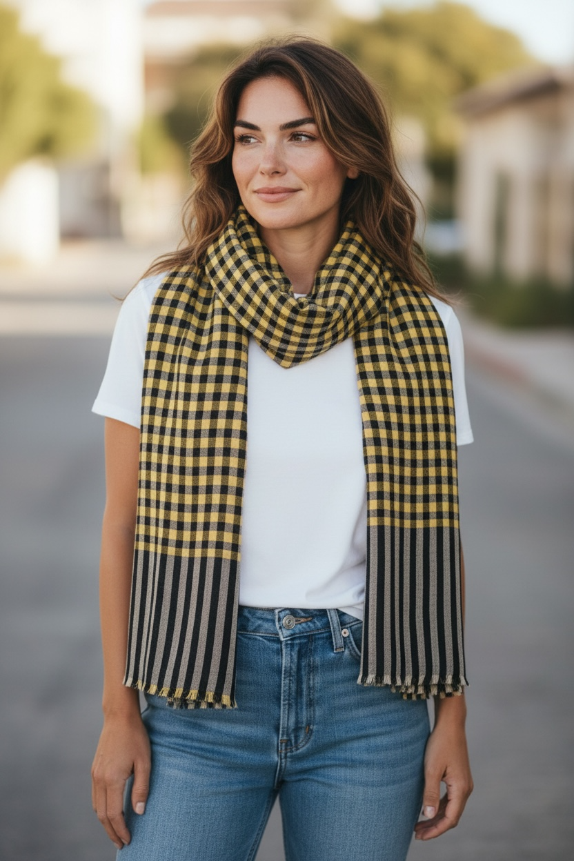 Hand‑Spun & Hand‑Woven Pashmina Scarf – Yellow & Black Check with Grey Striped Finish