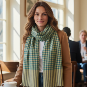 Hand‑Spun & Hand‑Woven Pashmina Scarf – Green & Blue Check with Beige Striped Finish