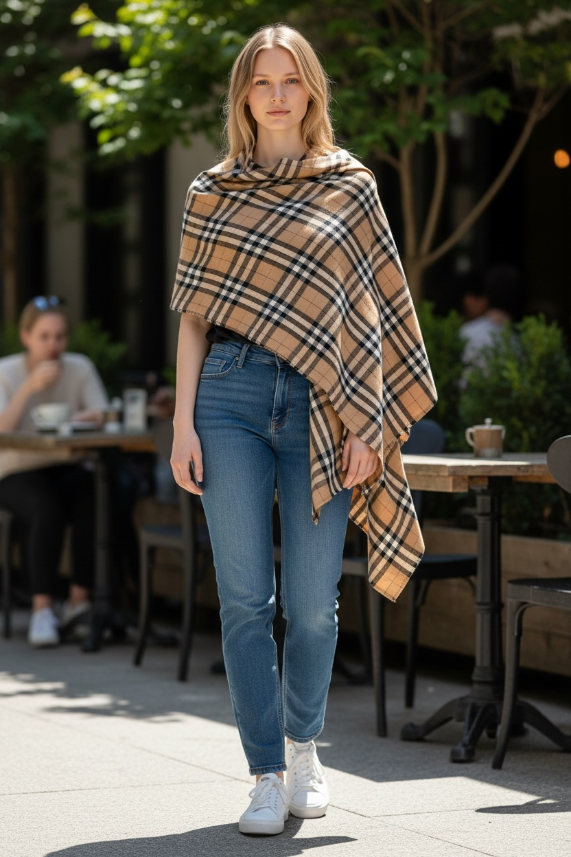 Classic Heritage Check – 100% Hand‑Spun Kashmiri Pashmina Shawl