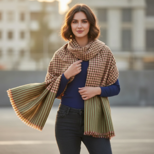 Valley Harvest Check – Pure Hand‑Spun Kashmiri Pashmina Shawl