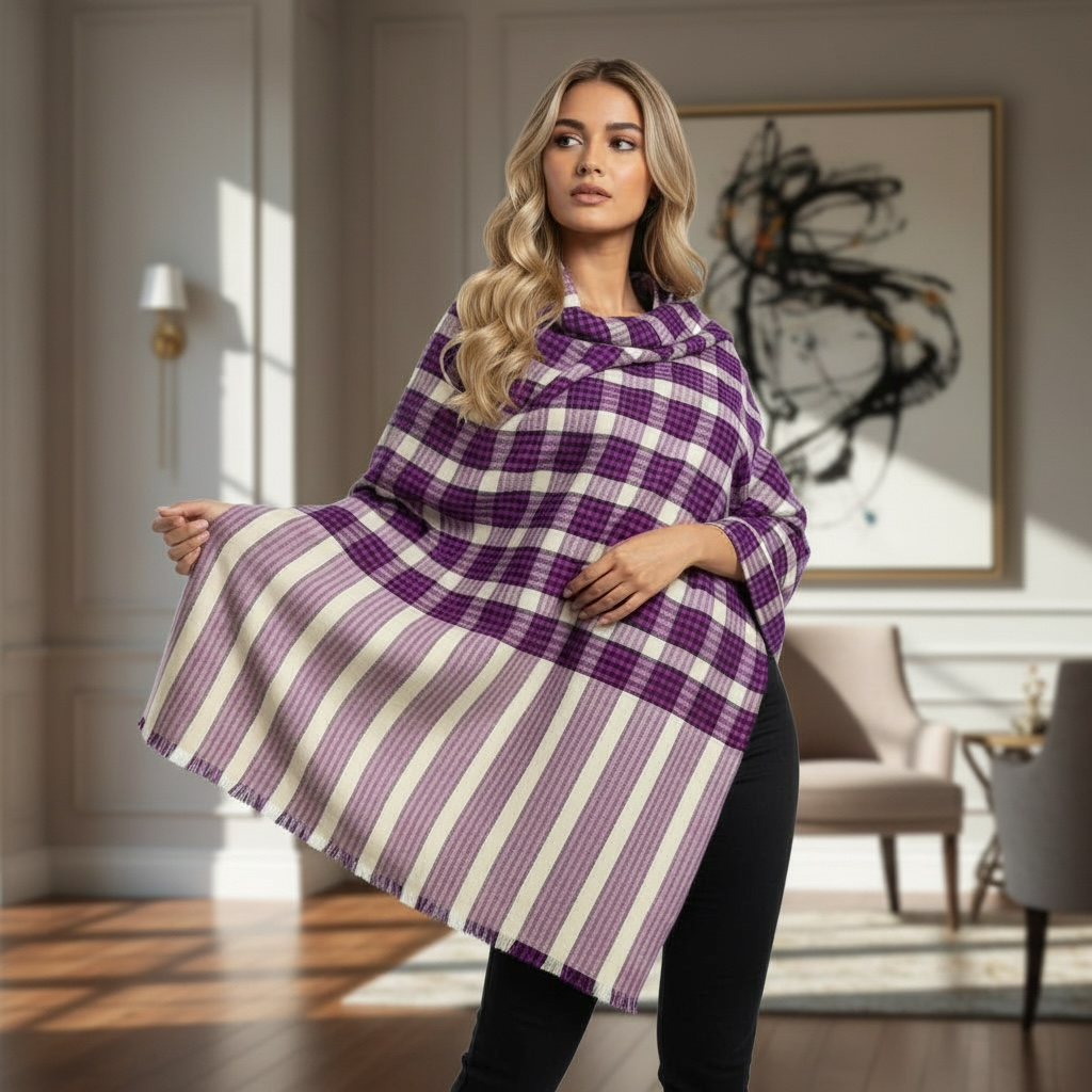 Lavender Twilight Check – Pure Hand‑Spun Kashmiri Pashmina Shawl