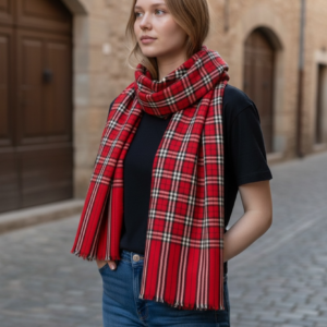 Crimson Highland Check – Pure Hand‑Spun Kashmiri Pashmina Shawl