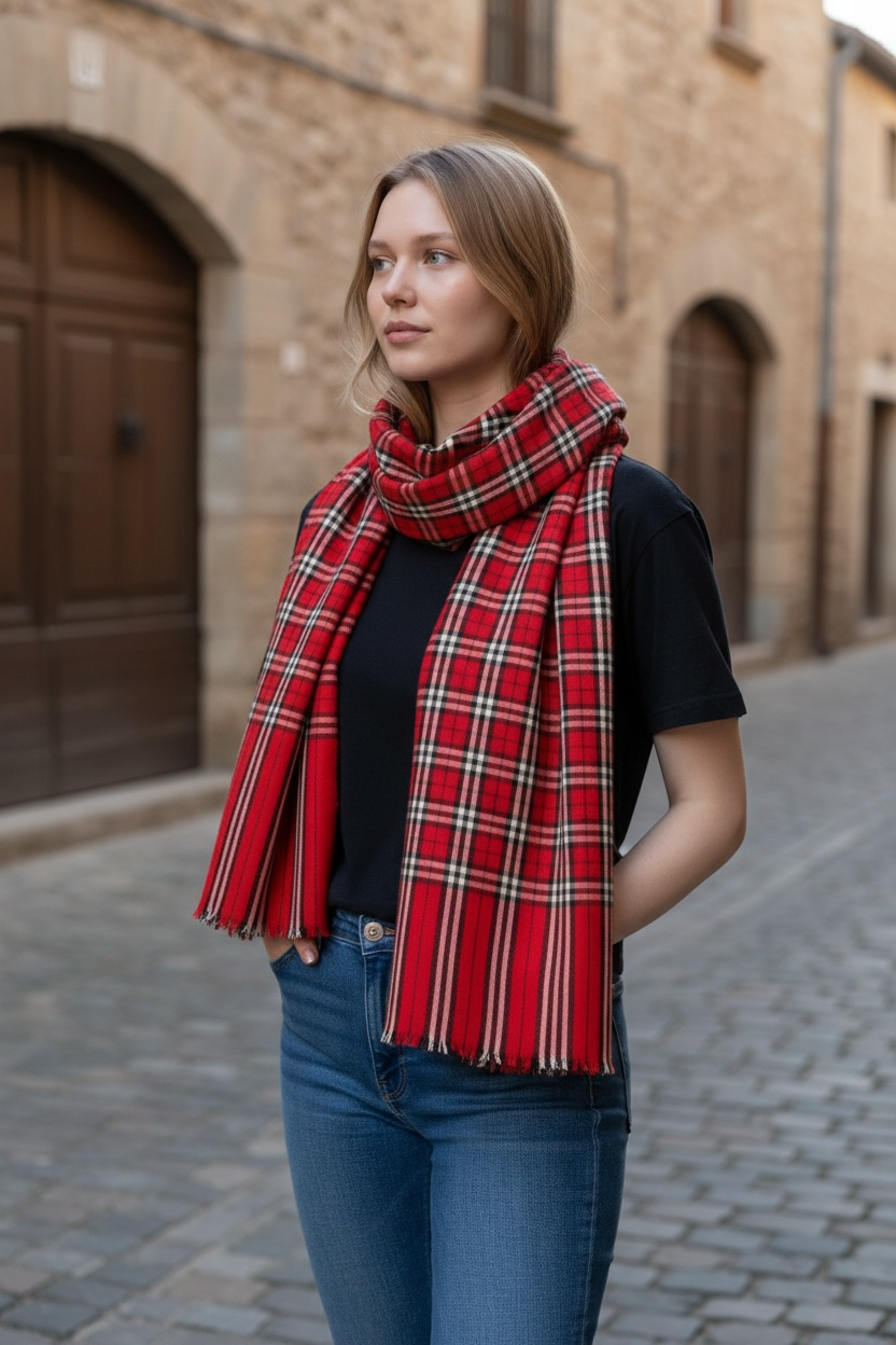 Crimson Highland Check – Pure Hand‑Spun Kashmiri Pashmina Shawl