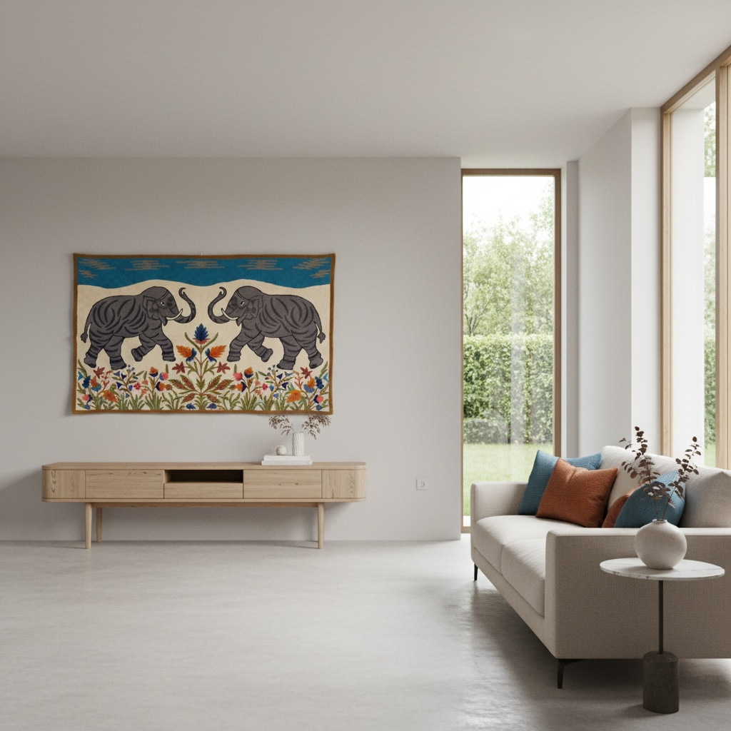 Royal Elephants in Bloom – Patola‑Inspired Handmade Wall Hanging