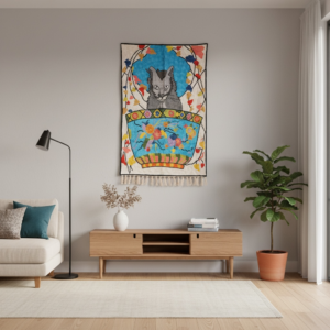 Regal Cat in Bloom – Folk‑Art Inspired Handmade Wall Hanging